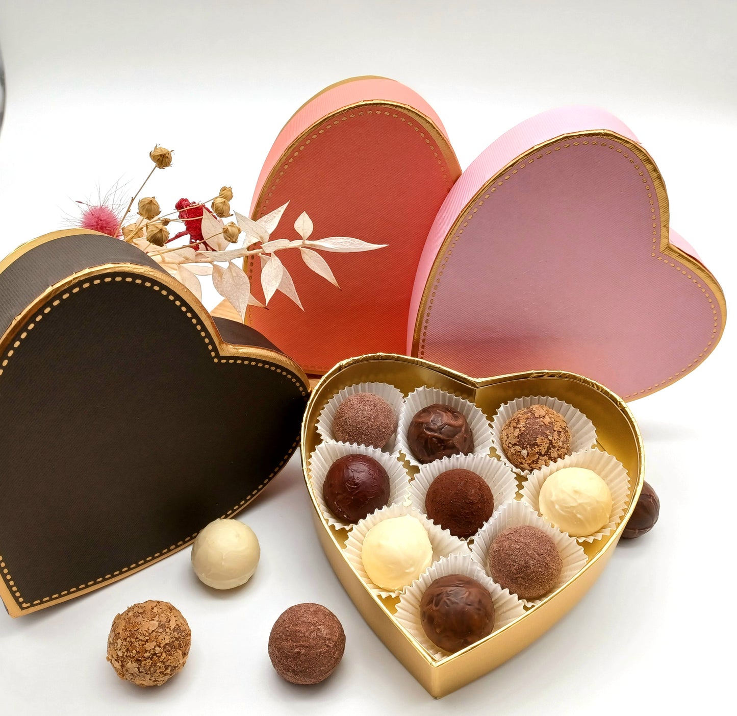 Herzboxen mit 9 Pralinen (100g)