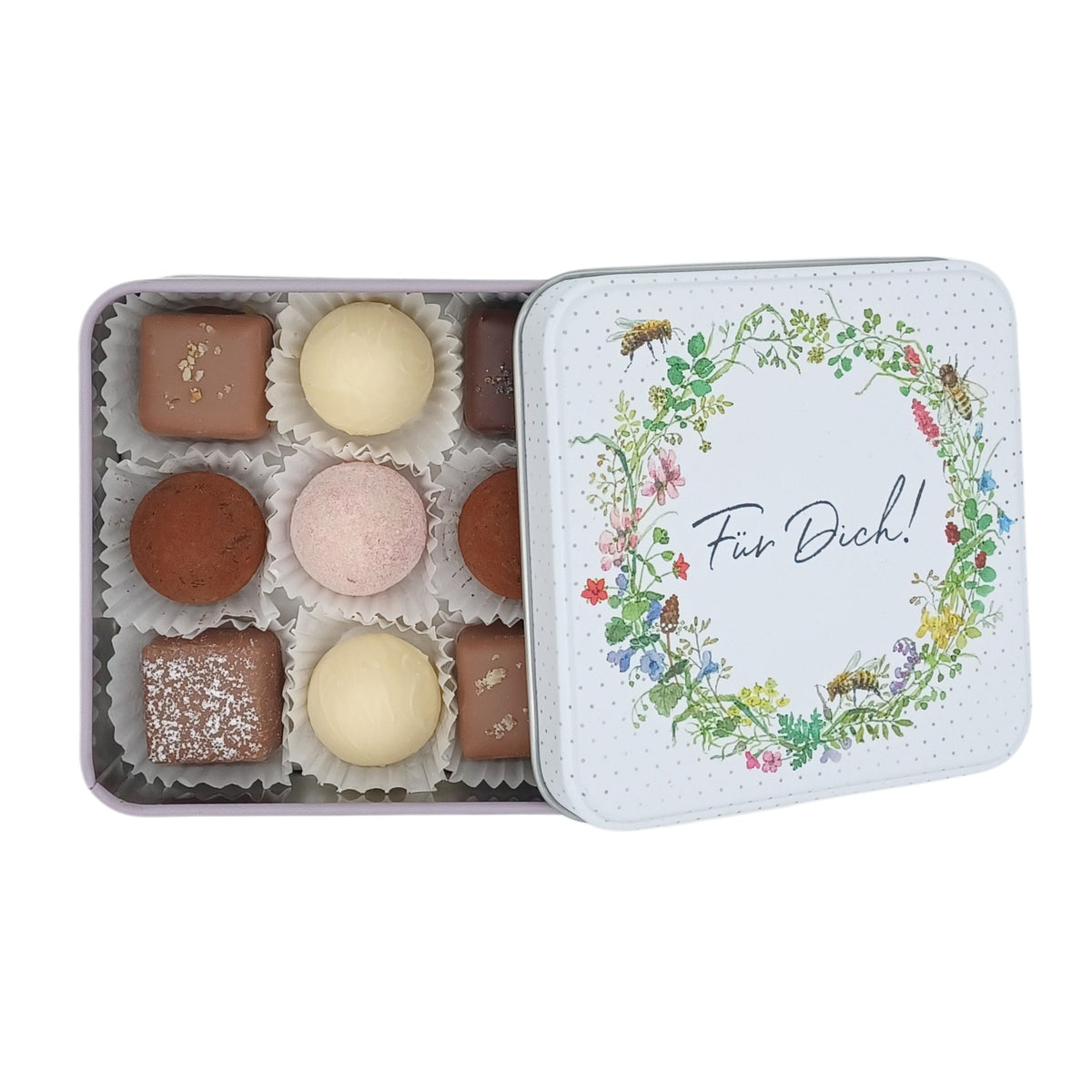 Metallbox gefüllt mit 9 Pralinen