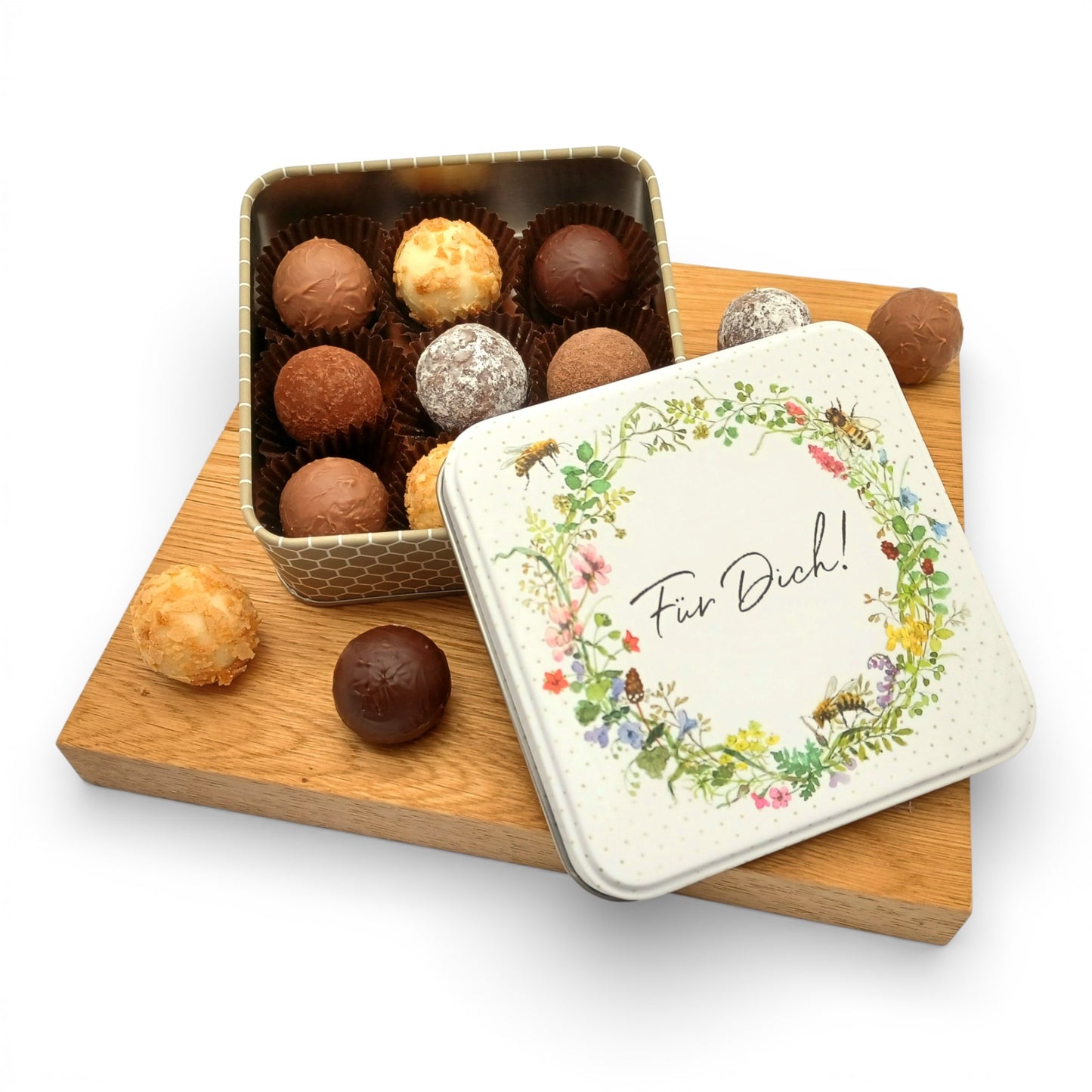 Metallbox gefüllt mit 9 Pralinen (100g)