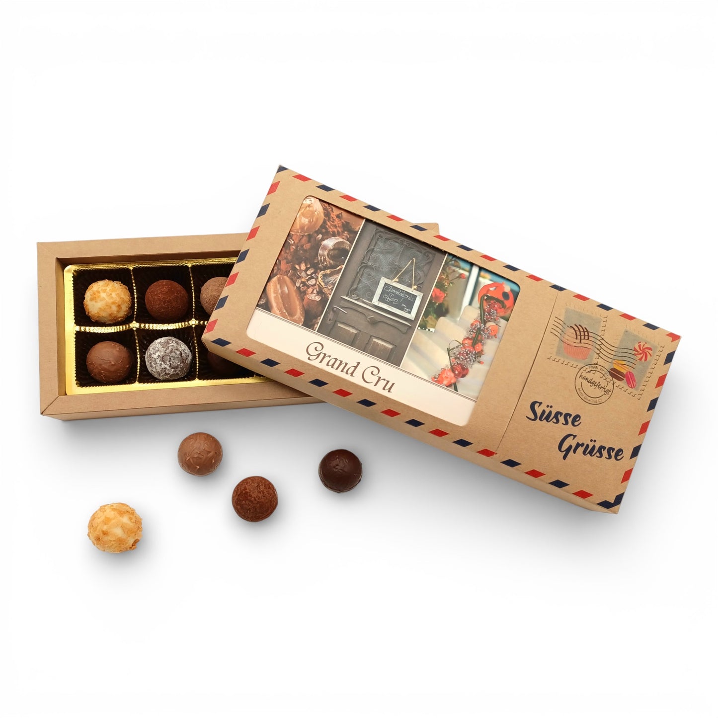 Postkarten-Pralinenbox mit 12 Pralinen (130g)