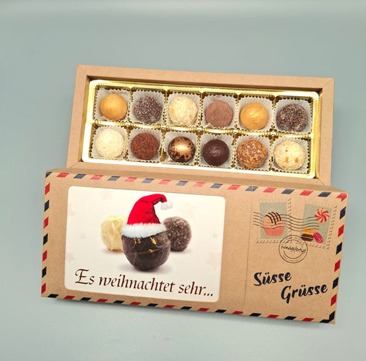 Postkarten-Pralinenbox mit 12 Pralinen (130g)